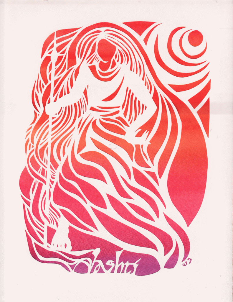 papercut image in red and white of Vashti as queen with sun behind her